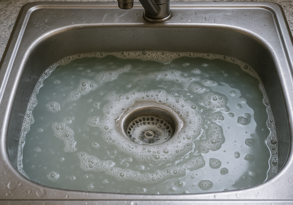 kitchen sink clogged with grey-water